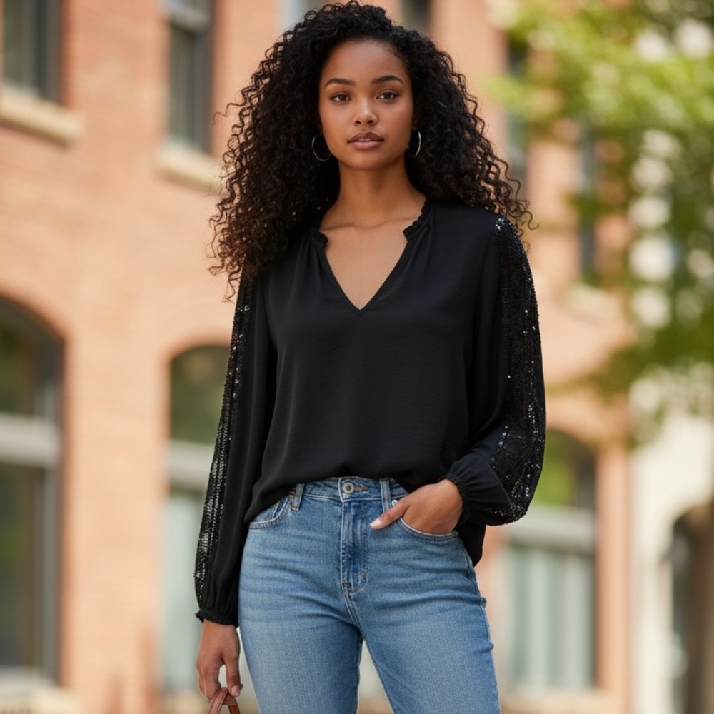 White House Black Market Black V-Neck Blouse with Lace Sleeves